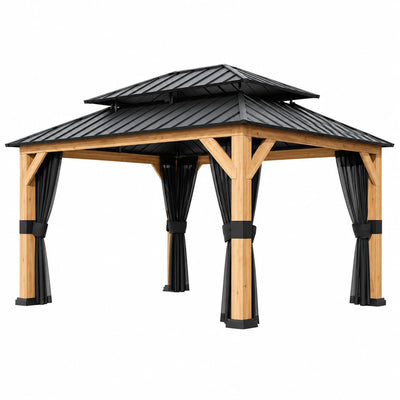 13x11 Ft Cedar Wood Hardtop Gazebo with Double Steel Roof & Mosquito