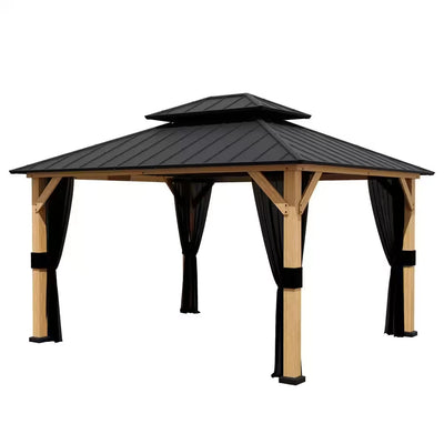 13x11 Ft Wood Frame Hardtop Gazebo with Double Steel Roof & Mosquito