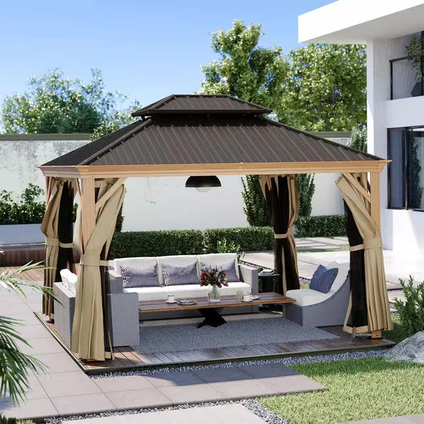 10x12 Ft Double Roof Wood Grain Aluminum Gazebo with Netting & Khaki