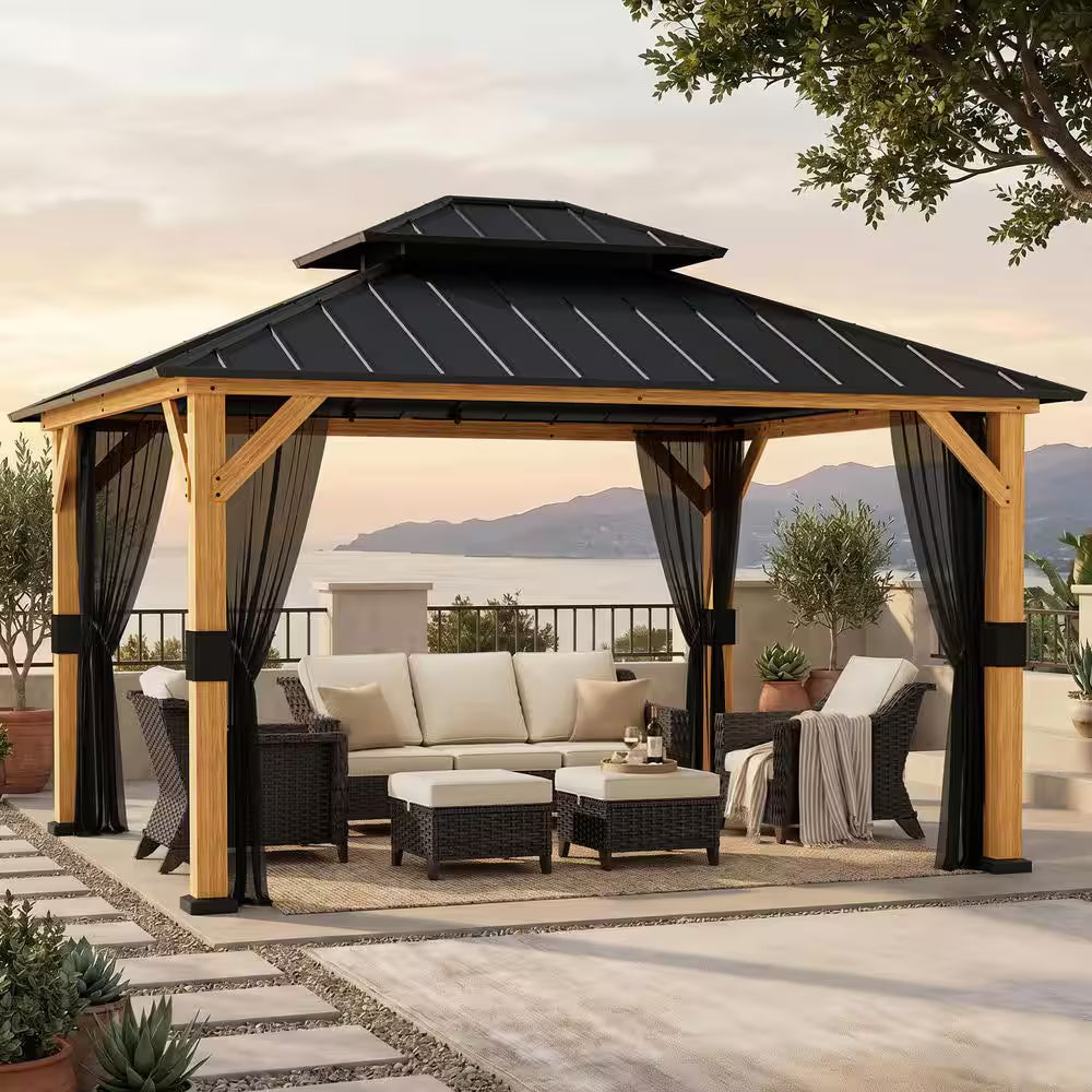 13 Ft. X 11 Ft. Outdoor Patio Wood Frame Hardtop Gazebo with Double Galvanized Steel Roof and Mosquito Netting
