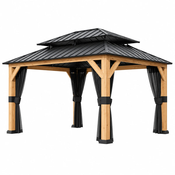 13 Ft. X 11 Ft. Outdoor Cedar Wood Hardtop Gazebo, Double Galvanized Steel Roof and Mosquito Netting