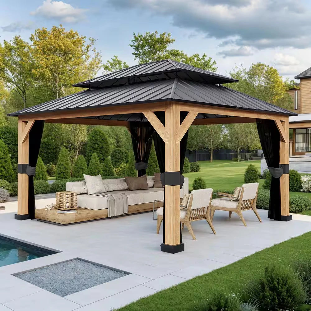 13 Ft. X 11 Ft. Outdoor Cedar Wood Hardtop Gazebo, Double Galvanized Steel Roof and Mosquito Netting — product view 3