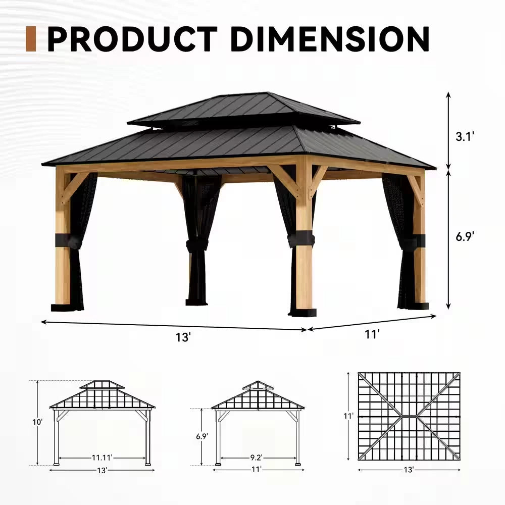 13 Ft. X 11 Ft. Outdoor Cedar Wood Hardtop Gazebo, Double Galvanized Steel Roof and Mosquito Netting — product view 4