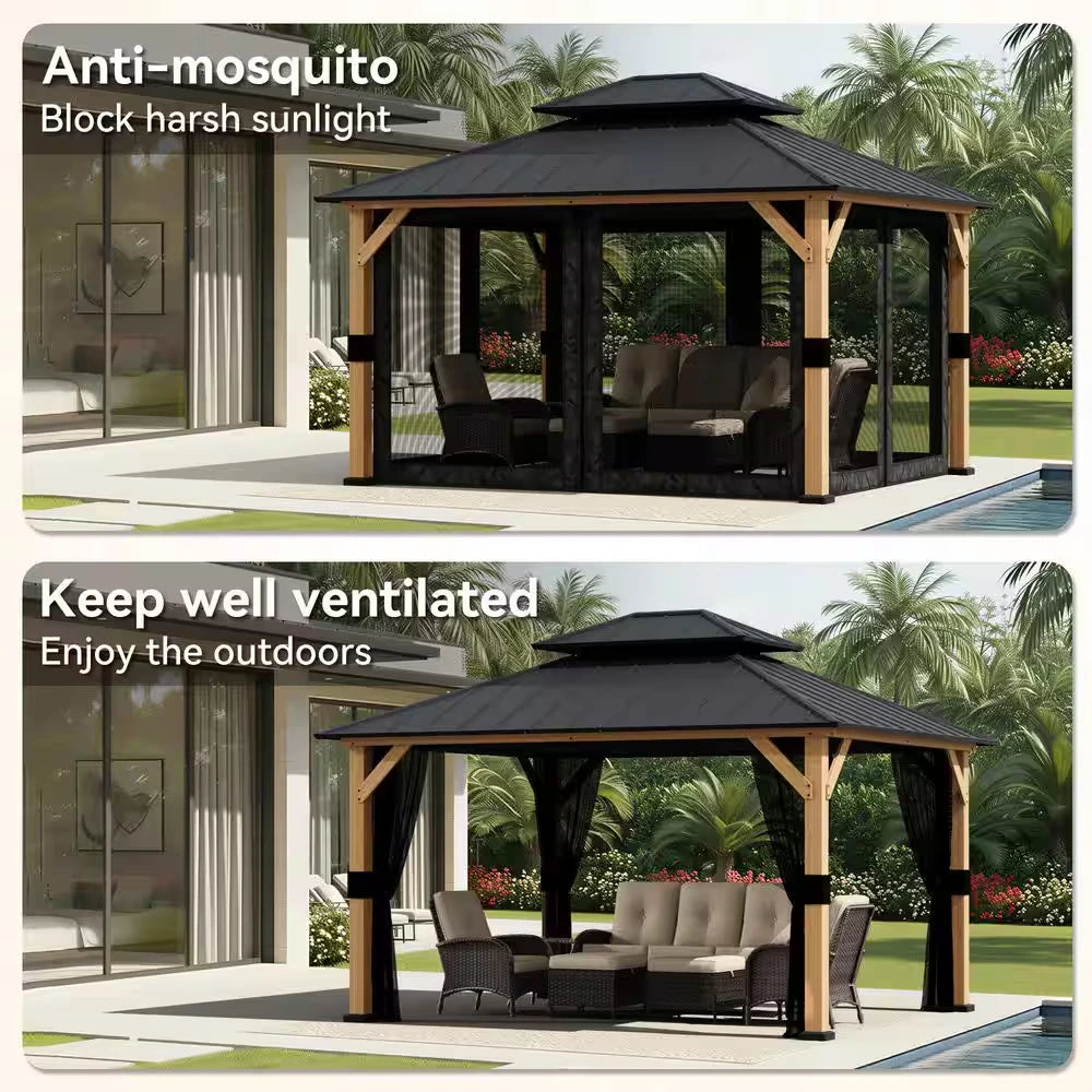 13 Ft. X 11 Ft. Outdoor Patio Wood Frame Hardtop Gazebo with Double Galvanized Steel Roof and Mosquito Netting — product view 4