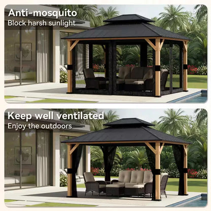 13 Ft. X 11 Ft. Outdoor Patio Wood Frame Hardtop Gazebo with Double Galvanized Steel Roof and Mosquito Netting — product view 4