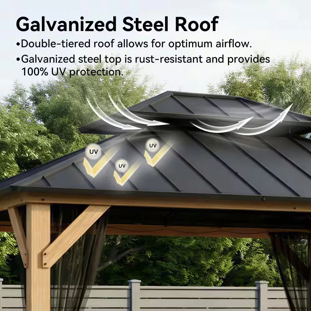 13 Ft. X 11 Ft. Outdoor Patio Wood Frame Hardtop Gazebo with Double Galvanized Steel Roof and Mosquito Netting — product view 5
