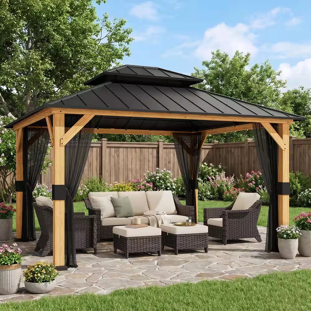 13 Ft. X 11 Ft. Outdoor Patio Wood Frame Hardtop Gazebo with Double Galvanized Steel Roof and Mosquito Netting — product view 6