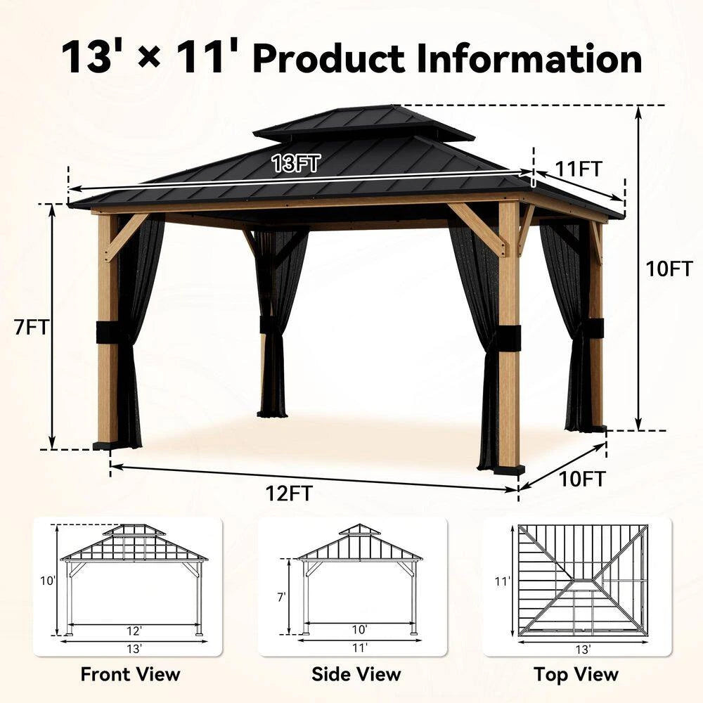 13 Ft. X 11 Ft. Outdoor Patio Wood Frame Hardtop Gazebo with Double Galvanized Steel Roof and Mosquito Netting — product view 7