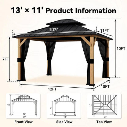 13 Ft. X 11 Ft. Outdoor Patio Wood Frame Hardtop Gazebo with Double Galvanized Steel Roof and Mosquito Netting — product view 7