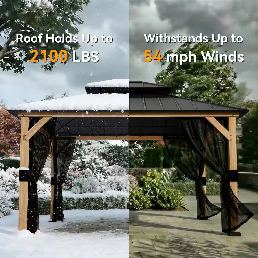 13 Ft. X 11 Ft. Outdoor Patio Wood Frame Hardtop Gazebo with Double Galvanized Steel Roof and Mosquito Netting — product view 9