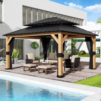 13 Ft. X 11 Ft. Outdoor Cedar Wood Hardtop Gazebo, Double Galvanized Steel Roof and Mosquito Netting