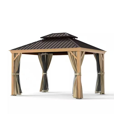 10x12 Ft Double Roof Wood Grain Aluminum Gazebo with Netting & Khaki