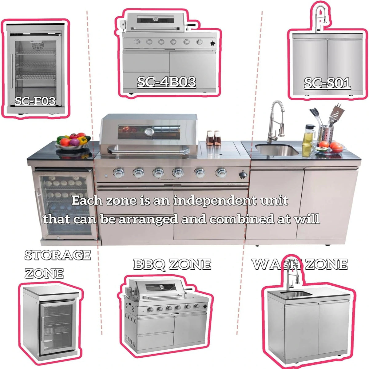 BBQ Island Outdoor Kitchen Kits, 4-Burner 72000 BTU Stainless Steel Modular 98 Inch Natural Gas Outdoor Kitchen Bar Barbecue Island Grill with Refrigerator and Sink for Patio Backyard — product view 3