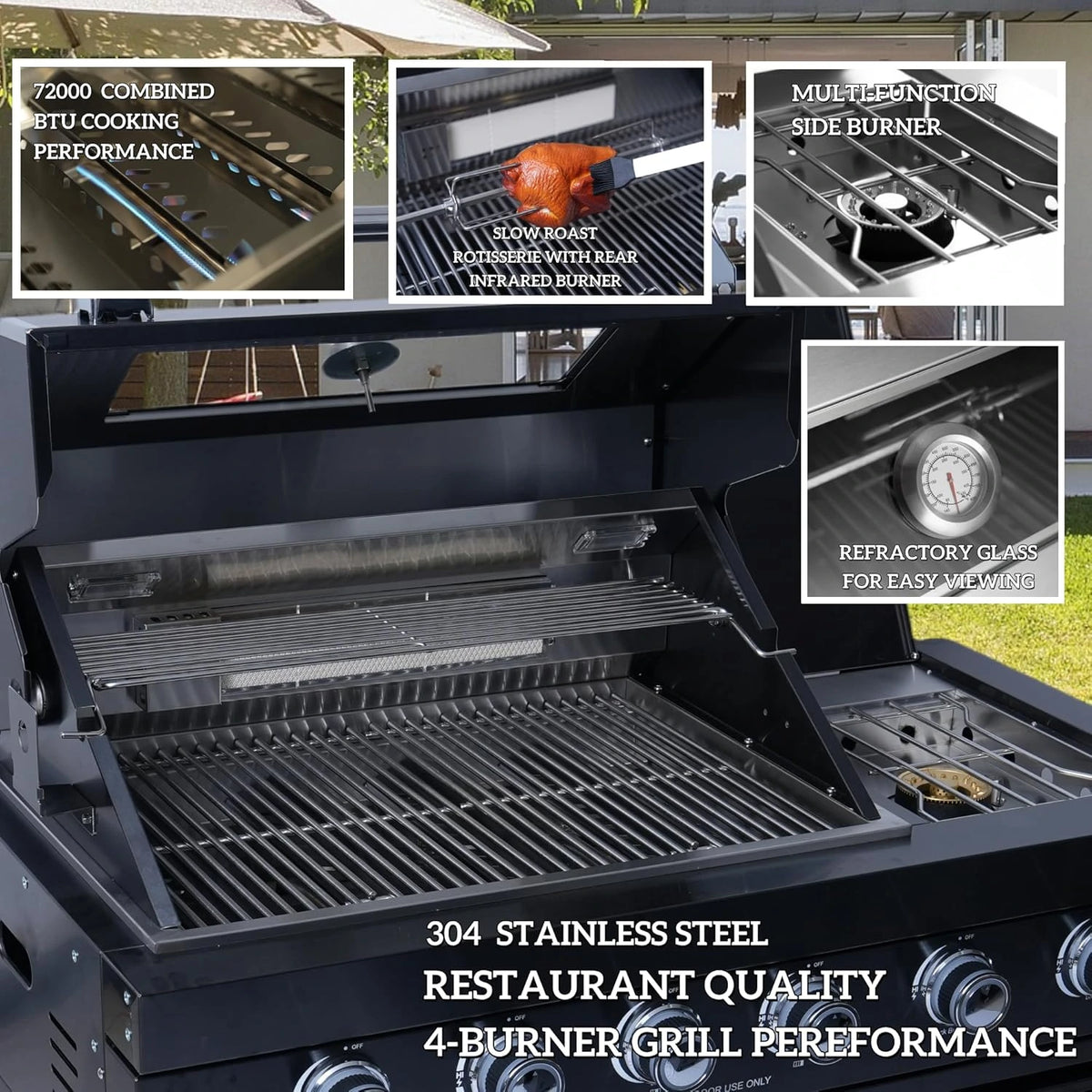 BBQ Island Outdoor Kitchen Kits, 4-Burner 72000 BTU Stainless Steel Modular 98 Inch Natural Gas Outdoor Kitchen Bar Barbecue Island Grill with Refrigerator and Sink for Patio Backyard — product view 5