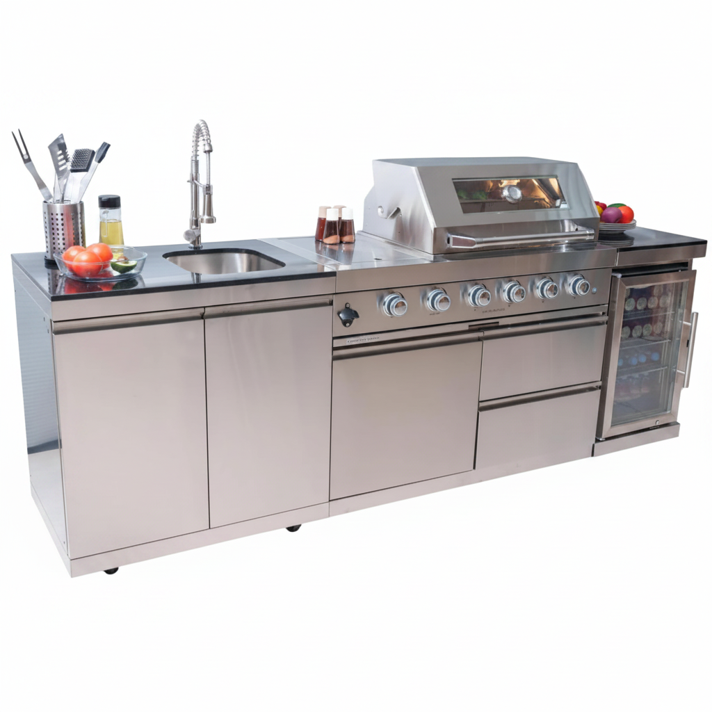 98-Inch 4-Burner Natural Gas Outdoor Kitchen Island with Fridge & Sink