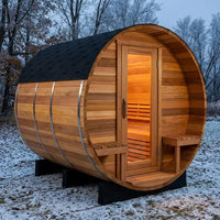 6-Person Patchworkred Cedar Traditional Steam Barrel Sauna — Studio Shot