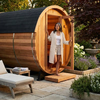 6-Person Patchworkred Cedar Traditional Steam Barrel Sauna — Lifestyle
