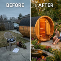 6-Person Patchworkred Cedar Traditional Steam Barrel Sauna — Before & After